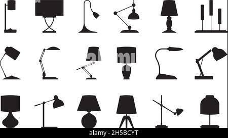 Silhouetten der Lampe. Beleuchtung Symbole Sammlung Zubehör für moderne Innenräume Raumgegenstände Stehlampen grellen Vektor-Bilder gesetzt Stock Vektor