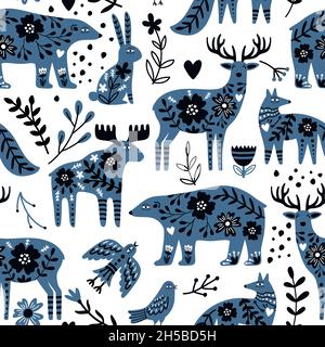 Skandinavische Tiere nahtloses Muster. Handgezeichnete niedliche Kreaturen aus wilder Natur für Tapeten oder Poster, Vektordarstellung von Bären und Hirsen im nordischen Design Stock Vektor