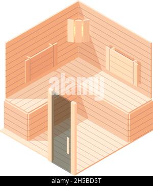 Sauna isometrisch. Holzinterieur der russischen Sauna Raum Therapie entspannen Ort mit Bank und heißen Steinen Vektor 3d-Illustrationen Stock Vektor