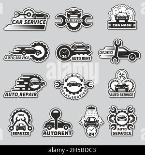 Car Service-Logo. Silhouetten von Automobilen Garage Fahrzeuge Mechaniker Reparatur Autos neuen Vektor stilisierte Business Embleme Vorlagen Stock Vektor