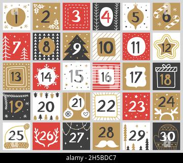 Weihnachtszahlen. Joy lustige Schriftzüge geometrische runde Formen festliche Konzept Kalender Zahlen aktuellen Vektor-Vorlagen für Feier Plakate Stock Vektor