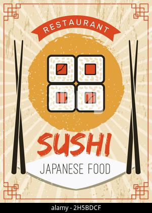 Sushi-Poster. Retro Flyer oder Plakatvorlage stilisierte Bilder von Meeresfrüchten Lachs Fische Reis mit Sauce Chopstick aktuelle Vektorbilder für Anzeigen Stock Vektor