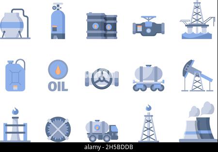 Symbole für die Öl- und Gasproduktion. Natur Exploration Blaugas Ölförderung Raffinerie Rohrfabrik und Transport von Tanks Turm strahlt natürliche Energie Stock Vektor