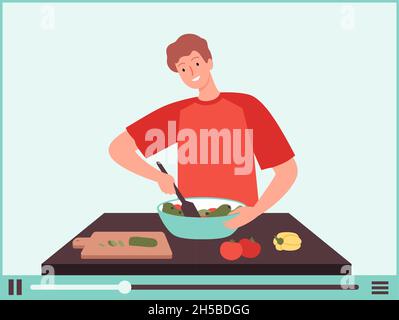 Veganer Mann. Vegetarische Lebensmittel Blogger, Kerl kochen Gemüsesalat. Online kulinarische Schule Tutorials, Lebensmittel Vorbereitung vlog Vektor Illustration Stock Vektor
