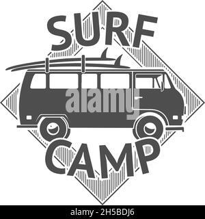 Surfcamp-Badge für Freizeitangebote. Surfclub, Sport Camping oder Zone Label. Isoliertes, aktives Lifestyle-Vektor-Banner in Schwarzweiß Stock Vektor