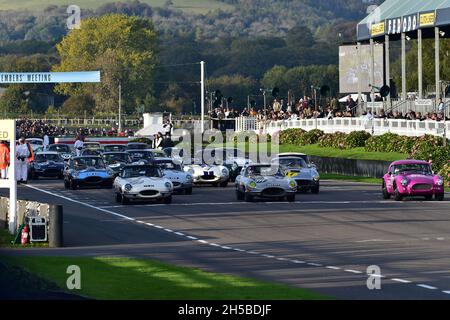 Auf dem Startplatz, Moss Trophy, Closed Cockpit Prototypen und GT Autos der Ton der RAC TT Rennen, die zwischen 1958 und 1962, Goodwood 78. Mitglieder Mee Stockfoto