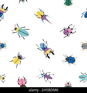 Bunte Bugs nahtloses Muster. Cartoon niedliche Insekten der botanischen Ikone gesetzt, Vektor-Illustration Käfer der Wissenschaft der Entomologie isoliert auf weißem Hintergrund Stock Vektor