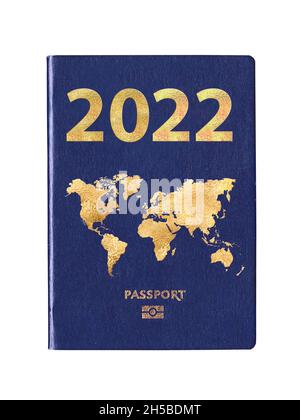 Blauer Pass 2022 mit Weltkarte auf dem Cover, Neujahr Reisekonzept Stockfoto