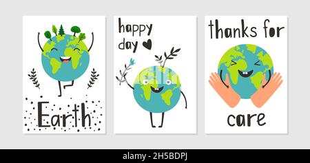 „Happy Planet“-Poster. Erdpflege, Cartoon Öko-Karten mit Natur und menschliche Hand Vektor-Set Stock Vektor