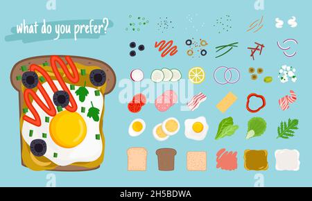 Sandwiches mit Elementen. Cartoon-Zutaten für leckere Burger und Hamburger, Vektor-Illustration Scheibe von Lebensmitteln aus getoastetem Huhn und Käse, frische Tomaten und Zwiebeln, gegrillte Eier und b Stock Vektor