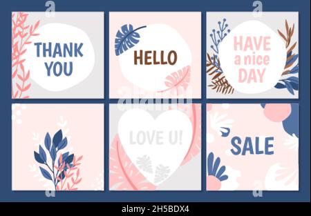 Vorlage mit trendigen floralen Karten. Vielen Dank, Liebe, Verkauf Banner. Niedliche moderne Flyer mit Blumen und Pflanzen Vektor-Set Stock Vektor