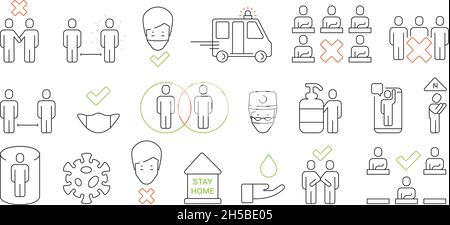 Covid-Präventionssymbol. Soziale Distanz öffentlicher Bereich Gesundheitswesen Symbole Selbstdesinfektion grellen Vektor Illustrationen Set Stock Vektor