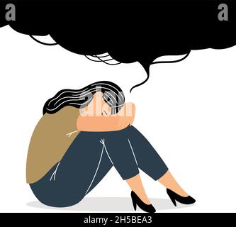 Mädchen mit traurigen Gedanken. Cartoon melanterisch düstere Frau mit traurigem Gefühl in der Jugend, Vektor-Illustration Konzept der emotionalen Depression Denken isoliert auf weißem Hintergrund Stock Vektor