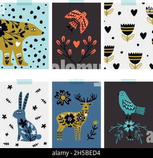 Wildtierkarten. Skandinavische Zeichen, Natur Blumen dekorative Banner Vektor-Set Stock Vektor