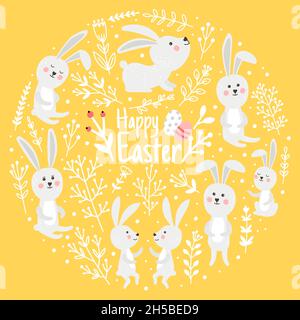 Niedliche Kaninchen des Frühlings. Cartoon-Elemente von glücklichen ostern, dekorative Zeichen des Urlaubs, Vektor-Illustration von Hasen mit Zweigen und Eiern isoliert auf gelbem Hintergrund Stock Vektor