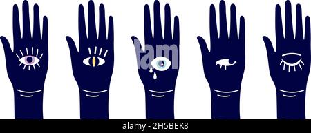 Böse Augen. Magische Hand mit Augensymbolen. Verschiedene Vektorsilhouetten mit offenen Armen Stock Vektor