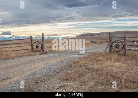 Landstraße über ein Tor von Texas in den Ausläufern der Rocky Mountains in der Nähe der Stadt Fort Macleod, Alberta, Kanada Stockfoto