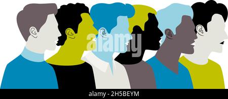 Bunte junge Männer Profile. Vektorfarbe Menschen Porträt Silhouetten, Studenten Gesichter Gruppe, Jugendliche Vielfalt oder verschiedene Verbraucher, Köpfe Team männlichen Mode Bild Stock Vektor