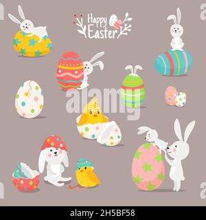 Niedliche Karte mit Hasen und Eiern. Zeichentrickfiguren des glücklichen ostertages, lustige Kaninchen und Hühner, Vektorillustrationen und Elemente des Frühlings Stock Vektor