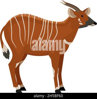 Huftier mit Hörnern. Cartoon-Symbol der Jagd, exotische Tier der Tierwelt, Vektor-Illustration der östlichen Bongo isoliert auf weißem Hintergrund Stock Vektor