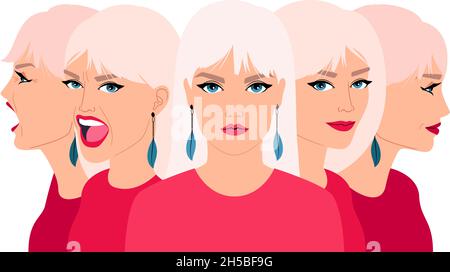 Frau ändert die Stimmung. Lächelnd ruhig schreiende Frauen Gesichter, glücklich zufrieden Wut hysterische Störung aggressive Ausdrücke auf Schönheit weibliche Gesicht Vektor Illustration Stock Vektor