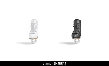 Rohlinge in Schwarz und Weiß, Mock-up, Drehschlaufen, 3d-Rendering. Leere Eislaufschuhe oder Hockeyschuhe, isoliert auf weißem Hintergrund. C Stockfoto