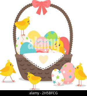 Korb mit niedlichen Hühnern. Cartoon lustige Charaktere des ostertages, farbige Eier für lustige Ferien, Vektor-Illustration von Dekorationselementen auf weißem Hintergrund isoliert Stock Vektor
