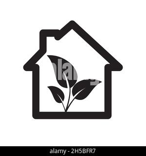 Haus-Ikone mit Blättern. Konzept des grünen Hauses. Eco House-Logo. Vektorgrafik. Stock Vektor