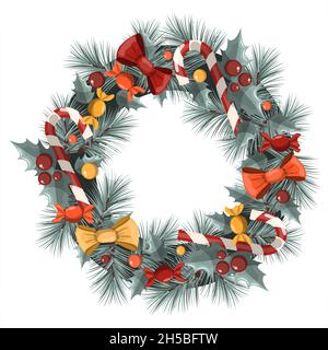 Vektor-Weihnachtskranz an der Tür. Eine helle Cartoon-Weihnachtsdekoration mit Süßigkeiten, Bögen und Christbaumzweigen Stock Vektor