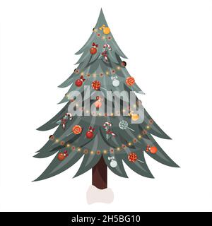 Vektor-Weihnachtsbaum. Ein flacher Weihnachtsbaum mit Girlande, Spielzeug und Süßigkeiten. Cartoon-Illustration für Postkarten. Isoliertes Clipart auf einem weißen Stock Vektor