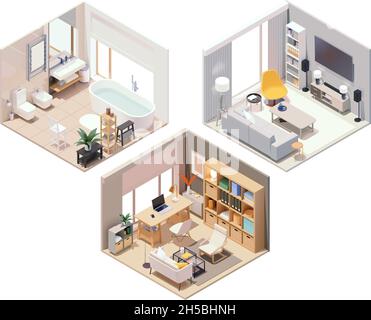 Vector isometrische Wohnräume mit Möbeln. Wohnzimmer mit Sofa und tv, Home Office und Bad Stock Vektor