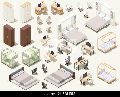 Vector isometrisches Wohnmöbel-Set. Haushalts- und Büromöbel und -Ausrüstung. Betten, Stühle, Tische, Lampen, Schränke, Schreibtisch und Bürostuhl Stock Vektor