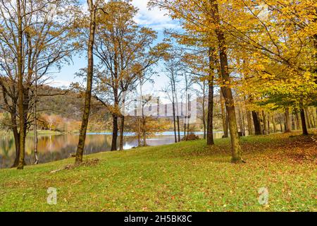 Herbstpark mit bunten Bäumen am Ufer des Ghirla-Sees, Valganna, Provinz Varese, Italien Stockfoto