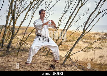 Karate Mann in einem alten Kimono und schwarzen Gürtel Training im Pinienwald. Konzept der Kampfkunst. Meer im Hintergrund. Stockfoto