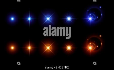Vektor leuchtende Lichteffekte eingestellt. Sterne platzen mit funkelnden Elementen. Blendenflecken. Stock Vektor