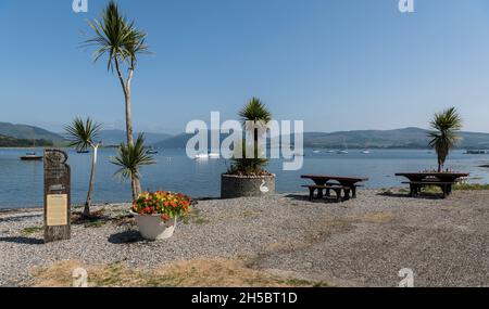 Seeufer mit einem hölzernen Informationsschild, Blumen, Picknicktischen, Palmen und Yachten, die bei strahlendem Sonnenschein wie die mediterrane Riviera aussehen Stockfoto