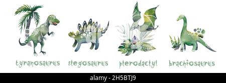 Aquarell Dinosaurier Silhouetten. Satz von Dinosauriern isoliert auf weißem Hintergrund. Illustration. Stockfoto