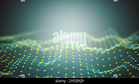 Wellen der digitalen Analyse von Datensätzen mit 3d-Rendervisualisierung. Futuristische Beobachtung von Schwankungen in der Webforschung und beim Experimentieren. Finan Stockfoto