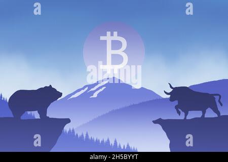 Ein Kryptowährungskonzept. Des Bitcoin-Symbols, bei dem sich ein Bulle und ein Bär gegenüberstehen. Schweben über einer bergigen Landschaft. Stockfoto