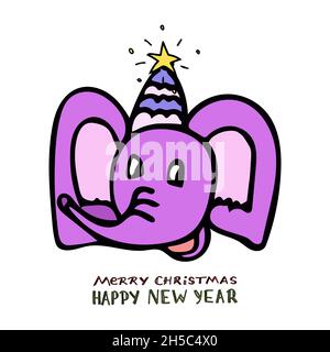 Ein fröhlicher rosa Elefant lächelt in einem violetten Hut im Stil eines Zeichentrickfilms mit Schriftzug Frohe Weihnachten und Frohes neues Jahr. Stock Vektor