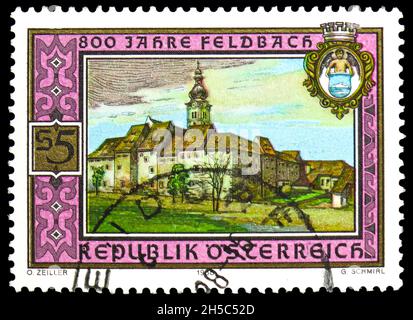 MOSKAU, RUSSLAND - 24. OKTOBER 2021: In Österreich gedruckte Briefmarke zu 800 Jahren Feldbach, um 1988 Stockfoto