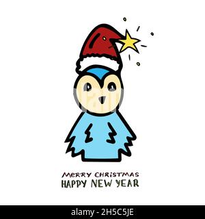 Blauer Pinguin in einem roten Neujahrshut im Cartoon-Stil mit Schriftzug Frohe Weihnachten und Frohes neues Jahr. Stock Vektor