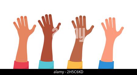Verschiedene ethnische Hände erhoben sich isoliert auf weißem Hintergrund. Vektorgrafik Stock Vektor