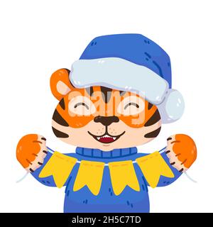 Lächelnder Tiger mit weihnachtsmütze, warmem Pullover und festlichen Girlande-Fahnen. Chinesisches Tierkreiszeichen. Symbol des neuen Jahres 2022, 2034. Vektorgrafik ist Stock Vektor