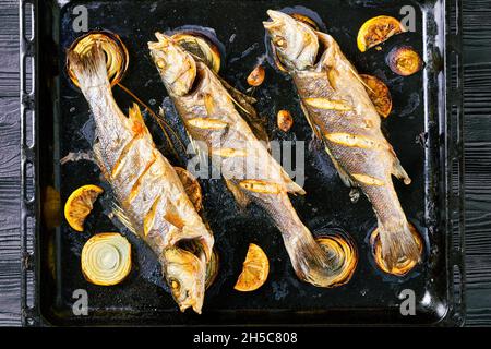 Ganze geröstete Seebarsch Draufsicht, Kopierraum Stockfoto