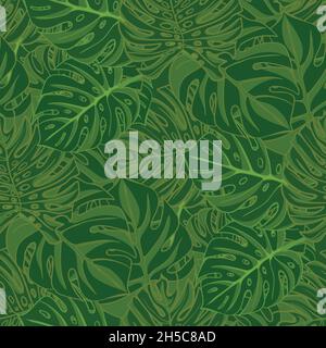 Tropische Monstera Blätter. Realistische Zeichnung im Vintage-Stil. Nahtloser Hintergrund. Stock Vektor