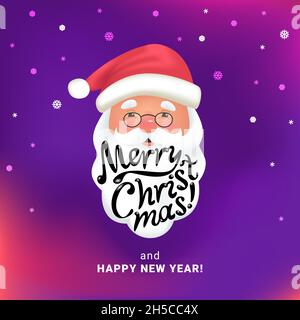 Fröhliche Weihnachten handgefertigte Schriftzug auf dem Weihnachtsmann weißen Bart und roten Anzug Stock Vektor