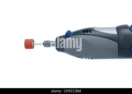 Mini-Bohrer mit Schleifwalze auf isoliertem weißem Hintergrund Stockfoto