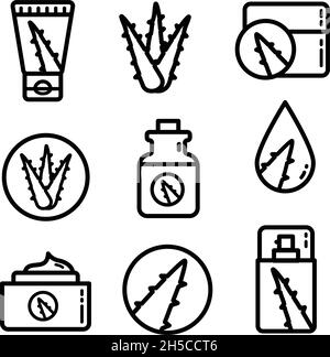 Aloe Vera umreißen Symbole gesetzt. Sukulente, tropische Pflanzen Vektor-Illustrationen, dünne Zeichen für Bio-Lebensmittel, Kosmetik. Isoliert auf weißem Hintergrund. Stock Vektor