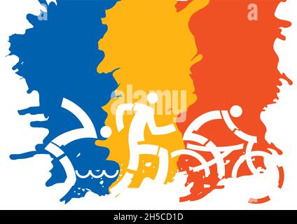 Drei Triathlon Racer, Baner Hintergrund. Ausdrucksstarke Zeichnung von drei Triathlon-Athleten auf grunge Hintergrund.Vektor verfügbar. Stock Vektor